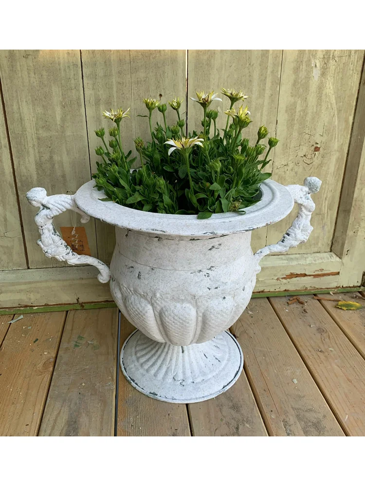 Vintage Metal Urn Planter, Retro Iron White Trophy Flower Pot, Rustic Handmade Pedestal Flowerpot