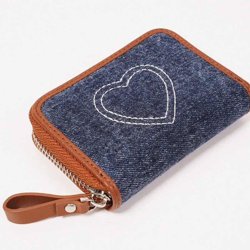 Luxury Women's Small Wallet Vintage Denim Love Embroidered Card Bag Female Card Holder with Coin Purse for Woman