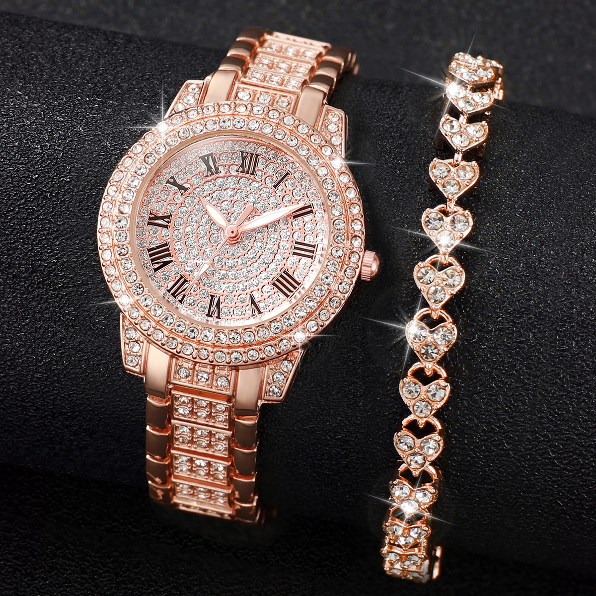 2PCS/Set Women\'s Watch Fashion Full Diamond Roman Dial Steel Band Quartz Watch Rhinestone Heart Bracelet Set(Without Box)