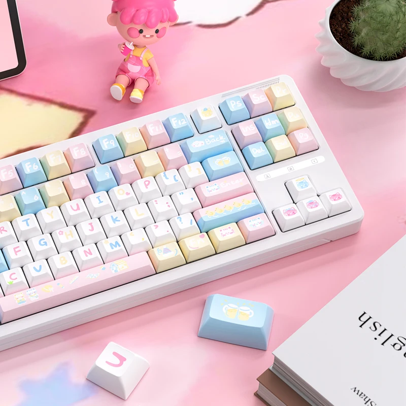 Ilovbee Rainbow Cat Thermally Sublimated Keycaps Kca Height Cute Girl 87 Mechanical Keyboard Game Wireless Keyboard Accessories