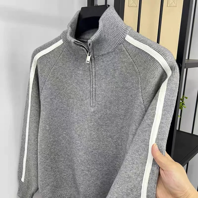 High Quality Trend semi zipper collar sweater Men's winter thick warm high-end color matching splicing casual knitted pullover