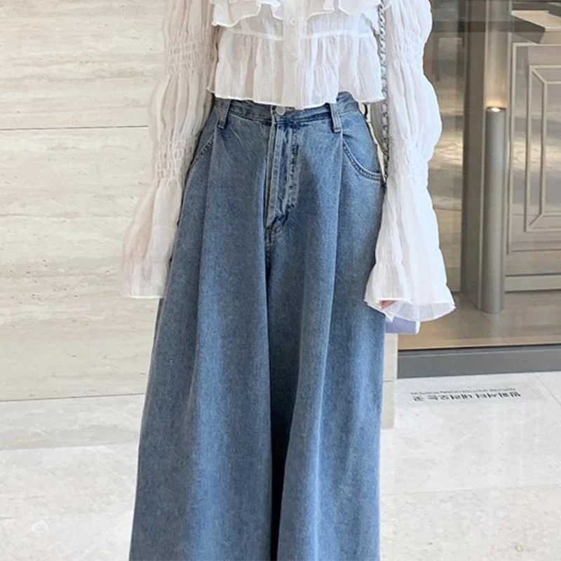 Damskie długie spodnie w stylu vintage na wiosnę, z wysokim stanem, szerokimi nogawkami, eleganckim plisowaniem na jeden guzik, luźnym krojem, uniwersalne, w ciemnym kolorze.
