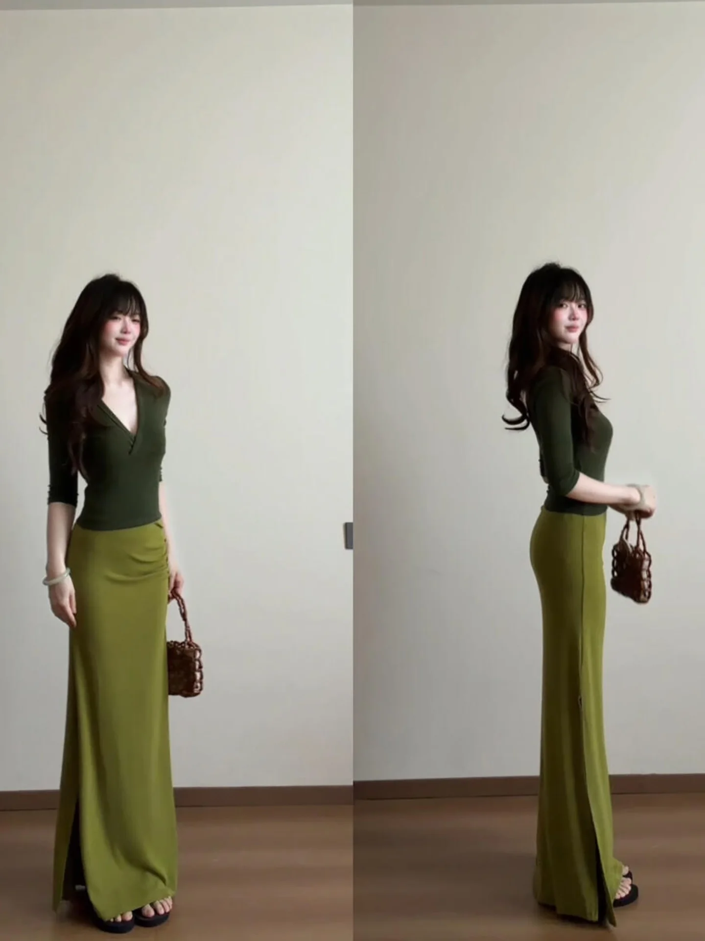 

Elegant Commute Casual Set Women's V-Neck Mid-Sleeve T-Shirt Top Side Slit High Waist Halter Neck Midi Skirt Two-Piece Set