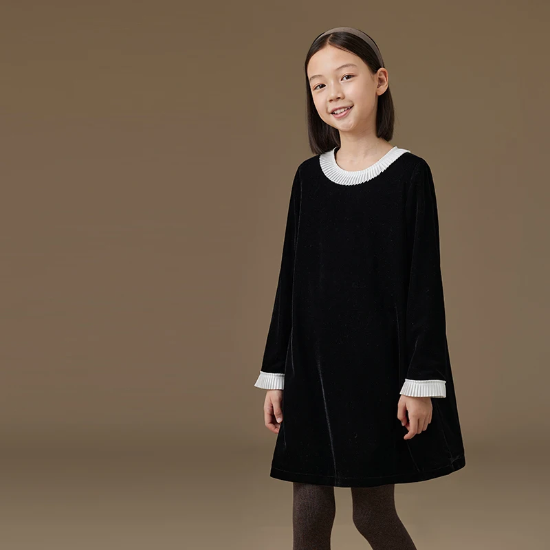 Female Child Clothes Fashion Girls Dresses Birthday 2024 Winter New French Hepburn Style Black Skirt Baby Contrast Lace Velvet