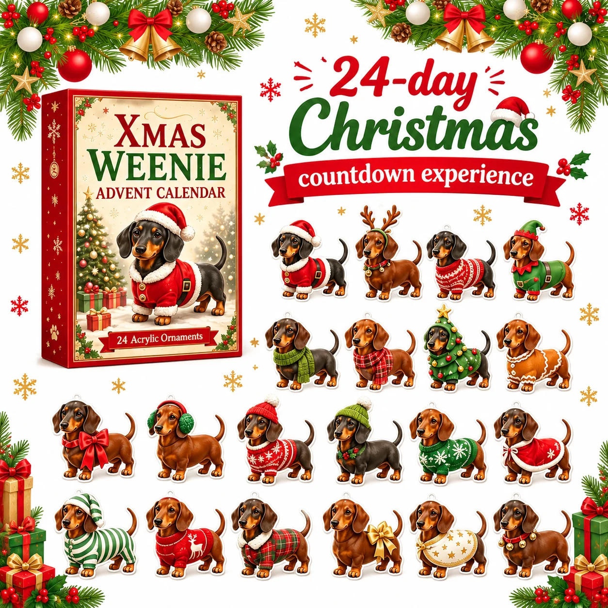 New 24 Day Christmas Countdown Calendar 2D Acrylic Dog Countdown Box for Decor of Christmas Tree Family Party Christmas Gift