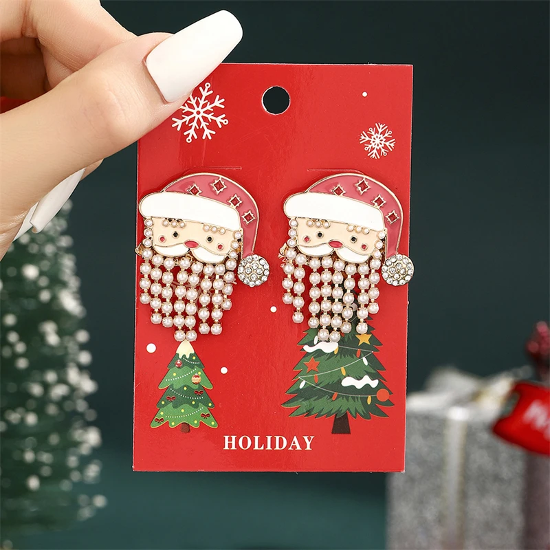 Luxury Imitation Pearls Santa Stud Earring for Women Cute Cartoon Rhinestone Elk Christmas Tree Earring New Year Holiday Jewelry