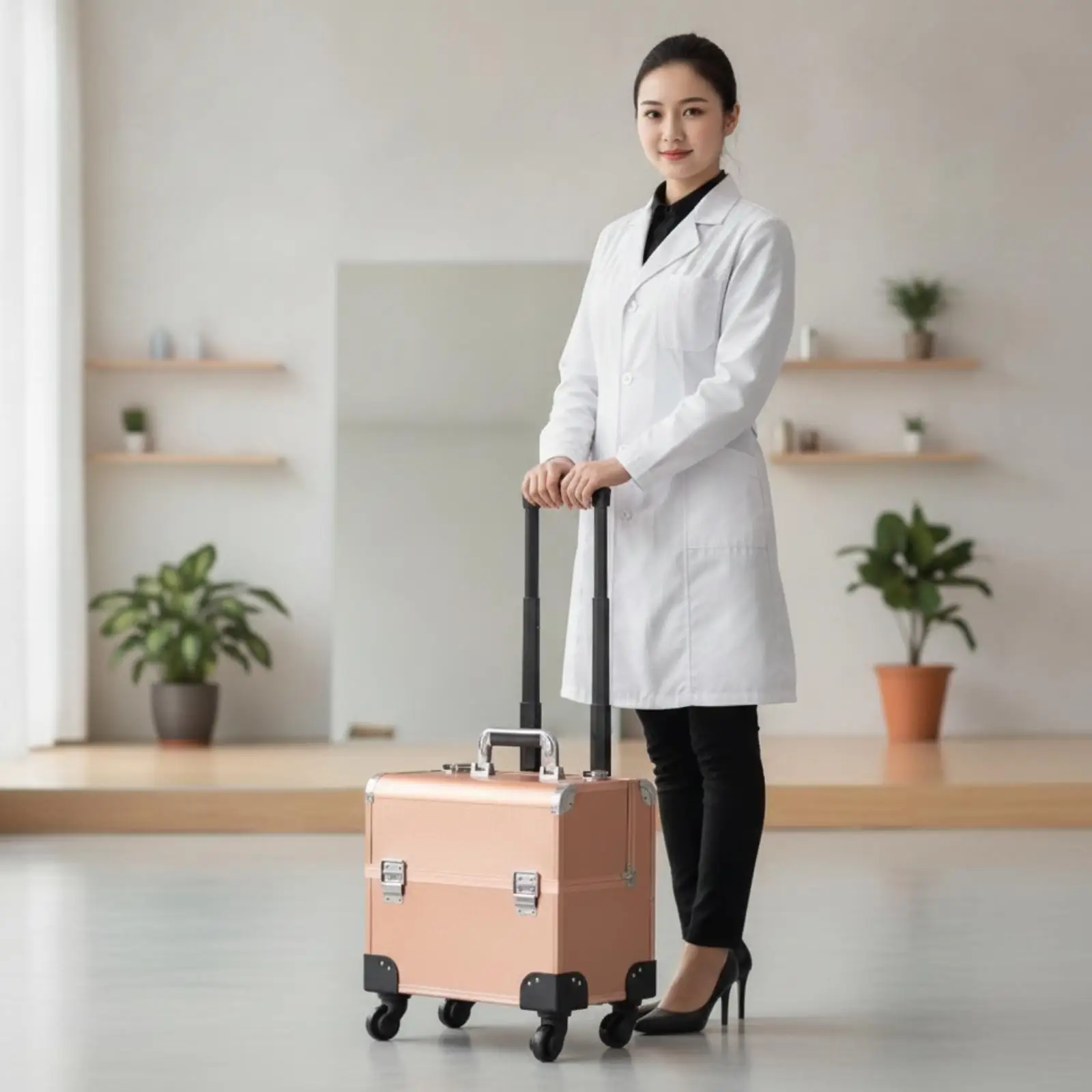 Large Rolling Makeup Case Hard Shell Cosmetic Organizer Trolley Suitcase with Pull Handle for Salon and Travel Use
