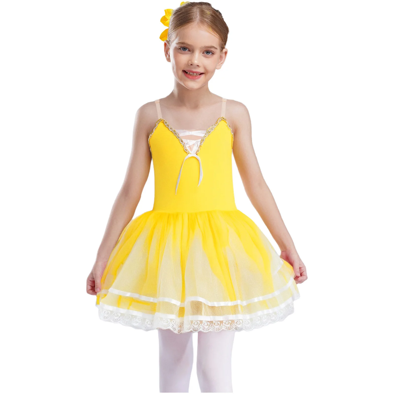 

Kids Girls Swam Ballet Dance Performance Costume Sleeveless Lace Trim Layered Tutu Ballet Birthday Princess Dress with Headwear