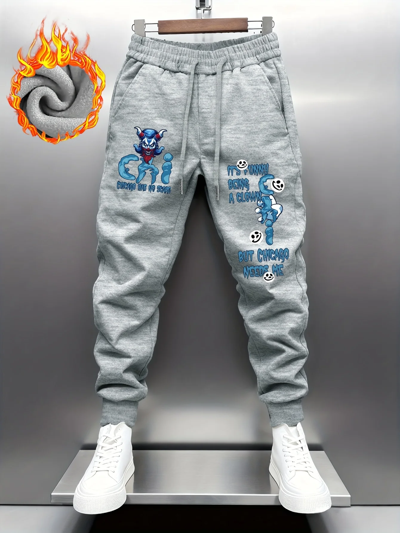 Pantalones deportivos casuales para hombre, estilo hip hop, con estampado de payaso diablo estilo callejero de dibujos animados, texto de Chicago y elemento sonriente, de doble pierna.