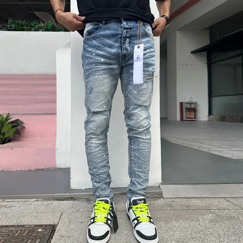 

European and American high street designers fashion new men's jeans stretch slim fit retro washed blue jeans hip-hop brand pants