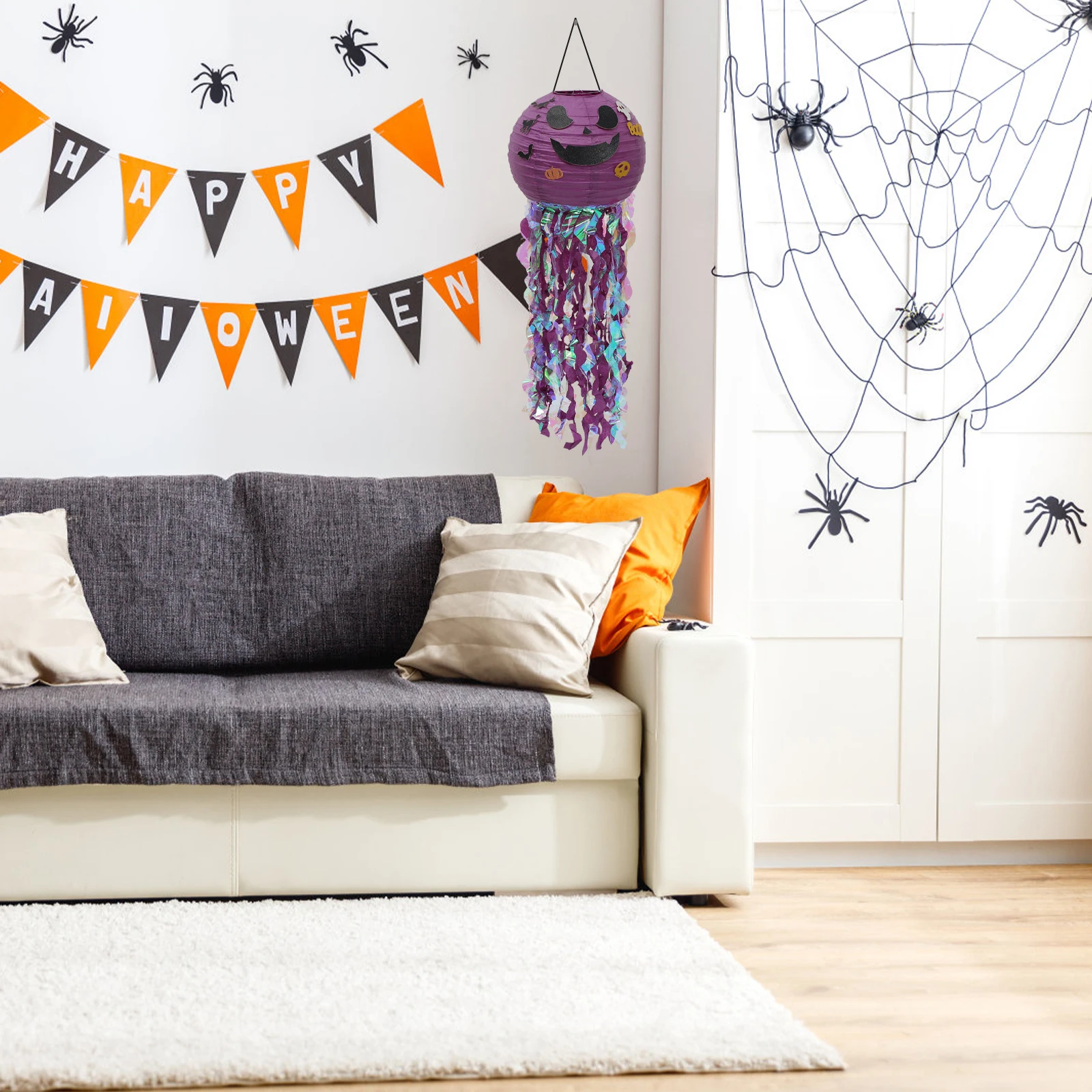 

Halloween Pumpkin Paper Lanterns Decorative Hanging Strip Lights Festive Atmosphere Safe Cloth Cartoon Home School