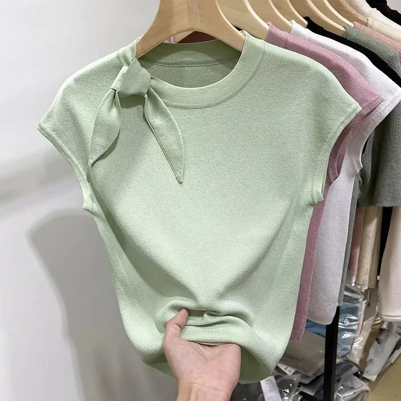 Round Neck Ice Silk Short-sleeved Knitted T-shirt for Women New Style in Summer 2024 Slim-fit Small Flutter Sleeves Blouse Top