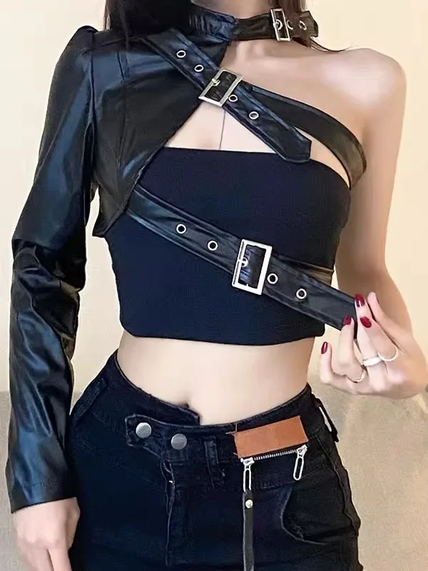 Cisas tema Cool Street Sle motocicleta danza cuero Jaet mujer alta Faion ort PU abrigo de cuero diseño asimétrico
