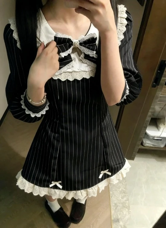 Koreanische Mode Elegantes Prinzessinnenkleid Harajuku Gestreiftes Y2k Minikleid Lässiges Langarm Süßes Partykleid Damen Chic