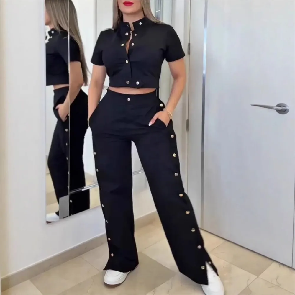 

Women's Fashion Two-piece Set Short Sleeved Button Short Tops + Wide Leg Pants Loose Casual Summer Work Set Commuting Clothing