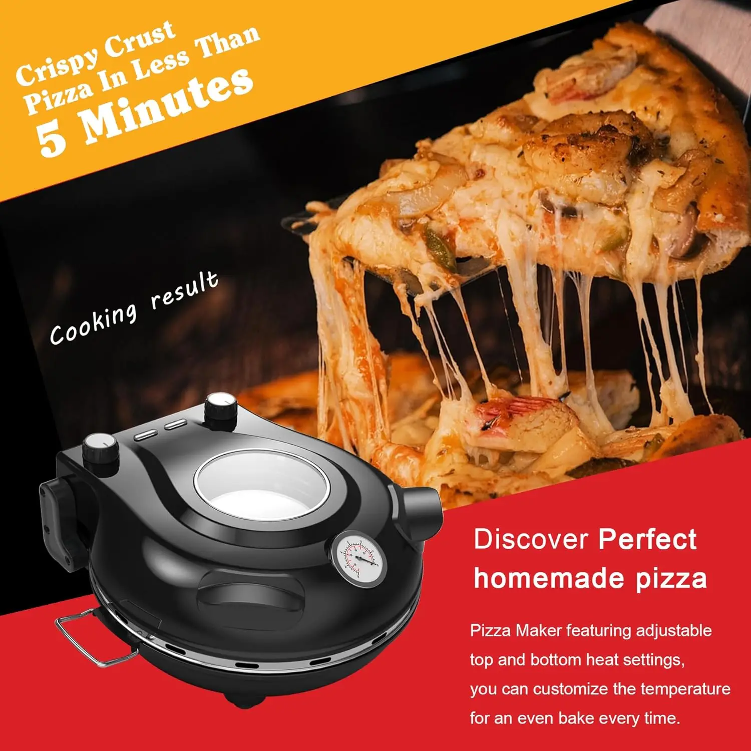 เตาอบพิซซ่าหิน,เครื่องทําพิซซ่าไฟฟ้าในร่ม 12 '',เครื่องทําพิซซ่าบนเคาน์เตอร์ 1200W พร้อมระบบควบคุมอุณหภูมิแบบคู่,พิซซ่าเปลือกกรอบ