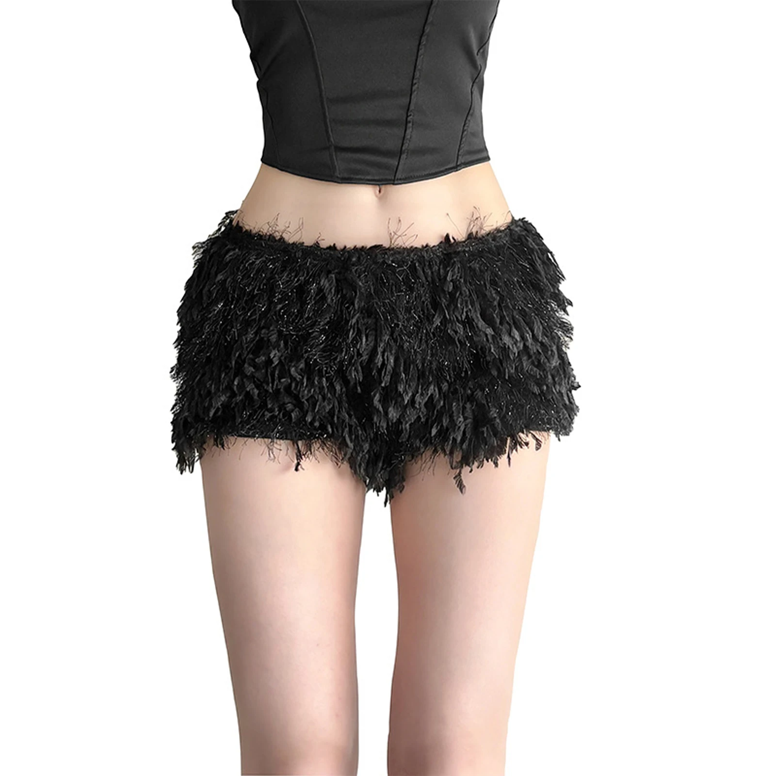 

Women Fuzzy Micro Shorts High Waist Elastic Waistband Fully Lined Hot Pants Booty Shorts for Dance Stage Night Outing Pajamas