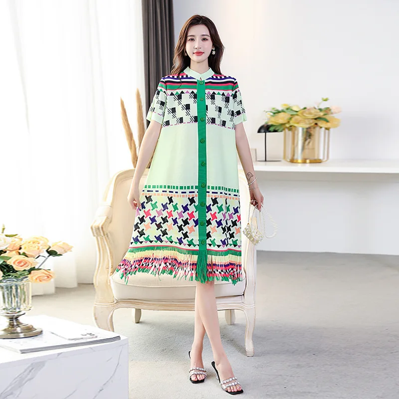 

2023 Summer Women's Clothing Miyake Pleated Fashionable Dress Personalized Pattern Loose Print Temperament Midlength Dresses