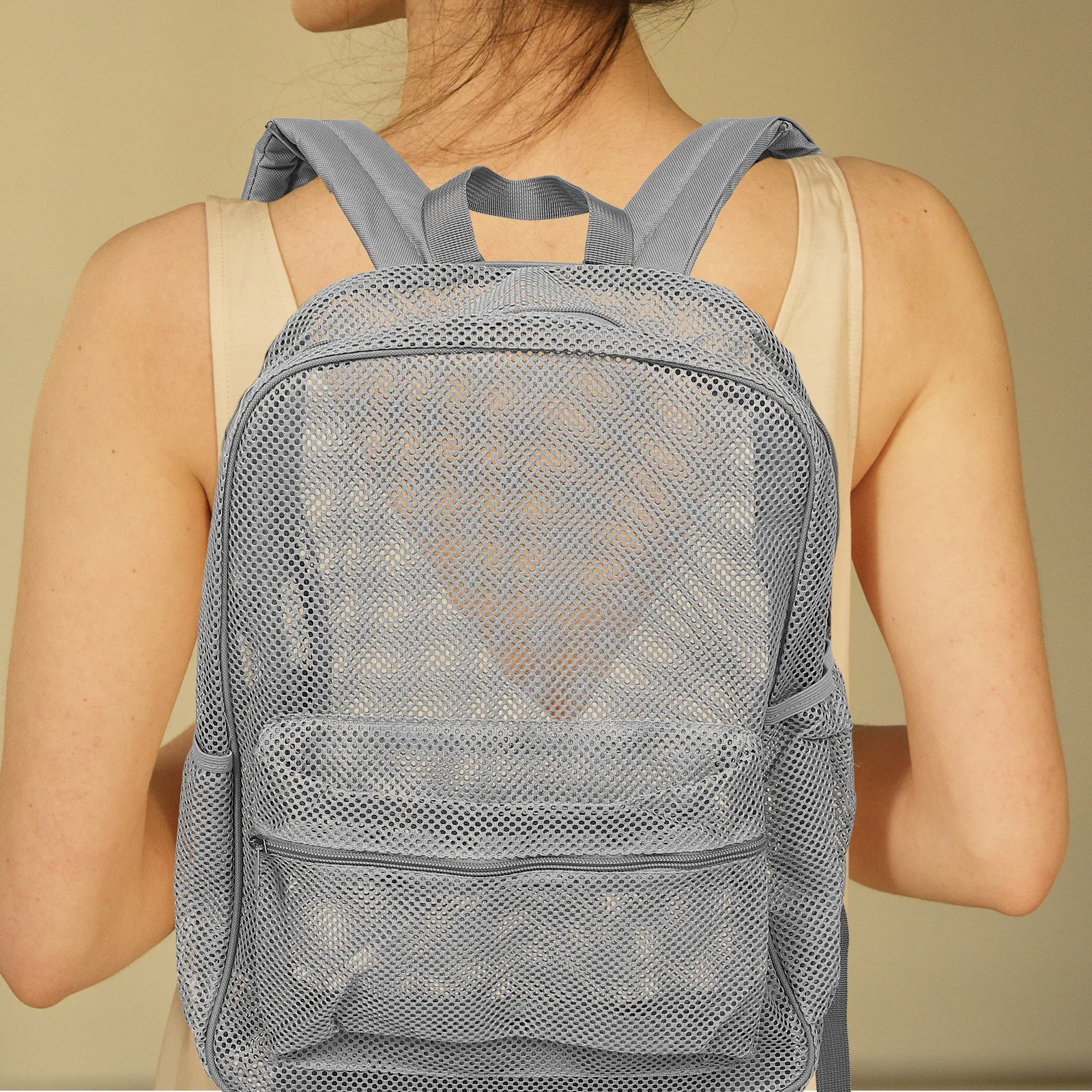 

Heavy Duty Mesh Backpack Grey Breathable See Through Outdoor Sports Swimming Bag Padded Shoulder Straps Beach Travel Training