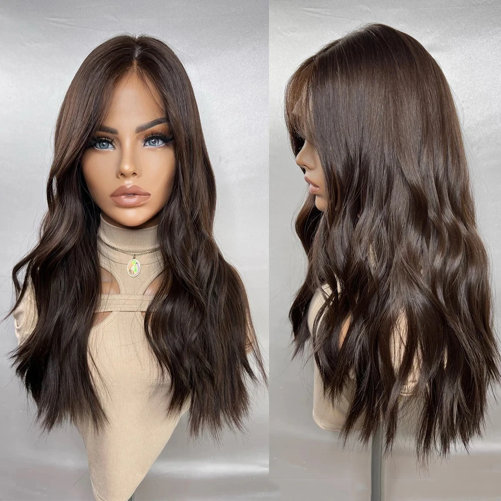 ZXBMALWIGS Chocolate Brown Body Wave Synthetic Lace Front Wigs for Women Transparent High Temperature Fiber Lace Wigs