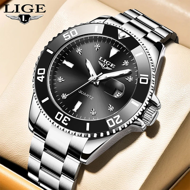 

LIGE Man Watch Luxury Diamond Set Dial Sport Men's Quartz Watch Fashion Waterproof Calendar Business Stainless Steel Men Watches