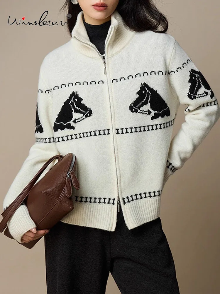 

Winsleter-100% шерсть Элегантный свитер, жаккардовый свитер на молнии с воротником-стойкой, женский модный универсальный вязаный кардиган, осенняя новинка 2023 года T5N313CC