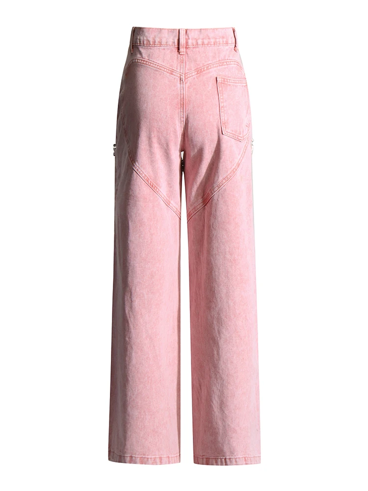 TWOTWINSTYLEt Loose Spliced Diamonds Denim Wide Leg Pants For Women High Waist Patchwork Button Hollow Out Jeans Female Fashion