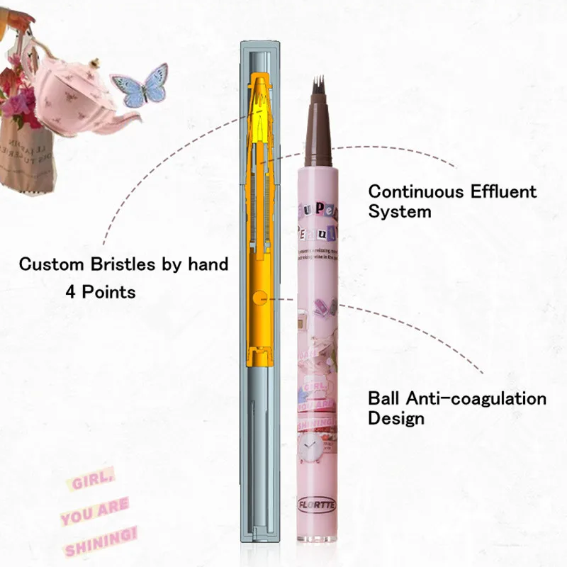 FLORTTE Penna per sopracciglia Microblading Matita per sopracciglia con punta a forchetta liquida impermeabile Strumento professionale per sopracciglia fini a lunga durata