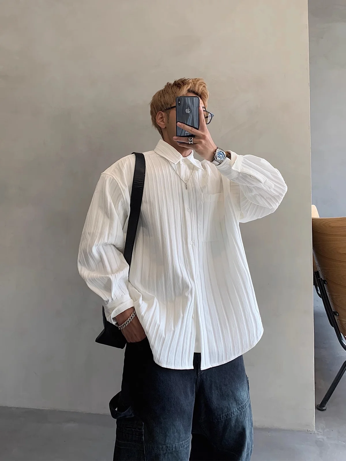 

Pure Color Long Sve irt Men's Spring Autumn Dongda Gate New Model High Texture ket Button up Polyester/Nylon Blend Fi...