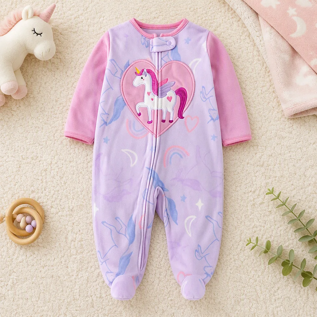 Baby-Mädchen-Strampler aus Polar-Fleece mit Füßlingen, mit Umweltfreundlichem Druck, Niedlicher Cartoon-Eule & Einhorn-Stickerei, Reißverschluss-Strampler, Herbst-Winter-Warme Babykleidung – Detail 3