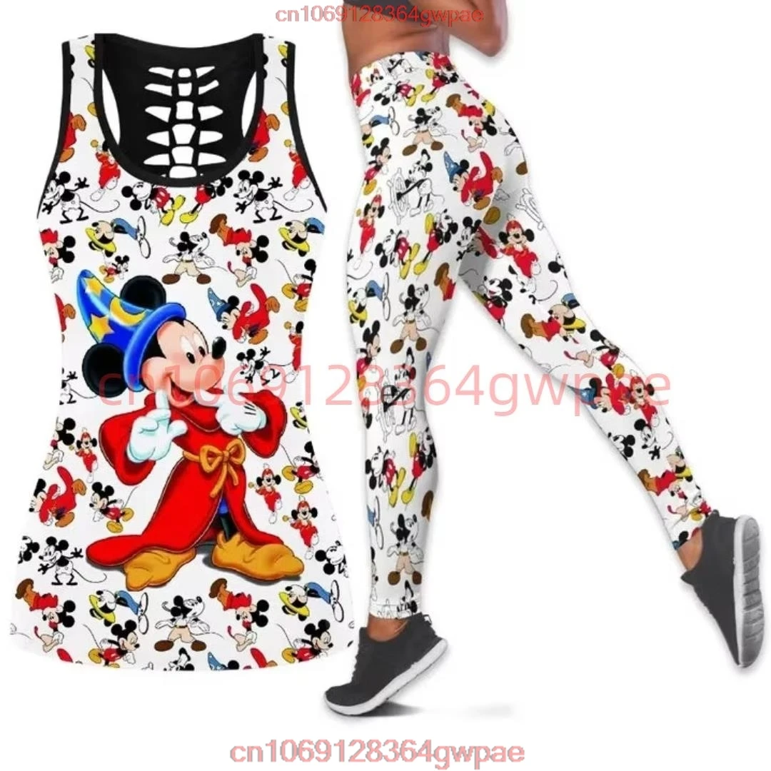 Disney-Conjunto de camisola de alças e leggings feminino, mickey mouse, fato de treino fitness, ioga, oco, verão