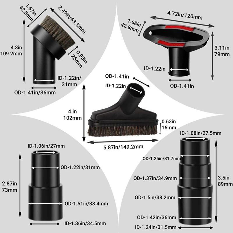 Acessórios de escova a vácuo, adaptadores de mangueira, 1-3/8 "a 1-1/4" a 1-1/2"