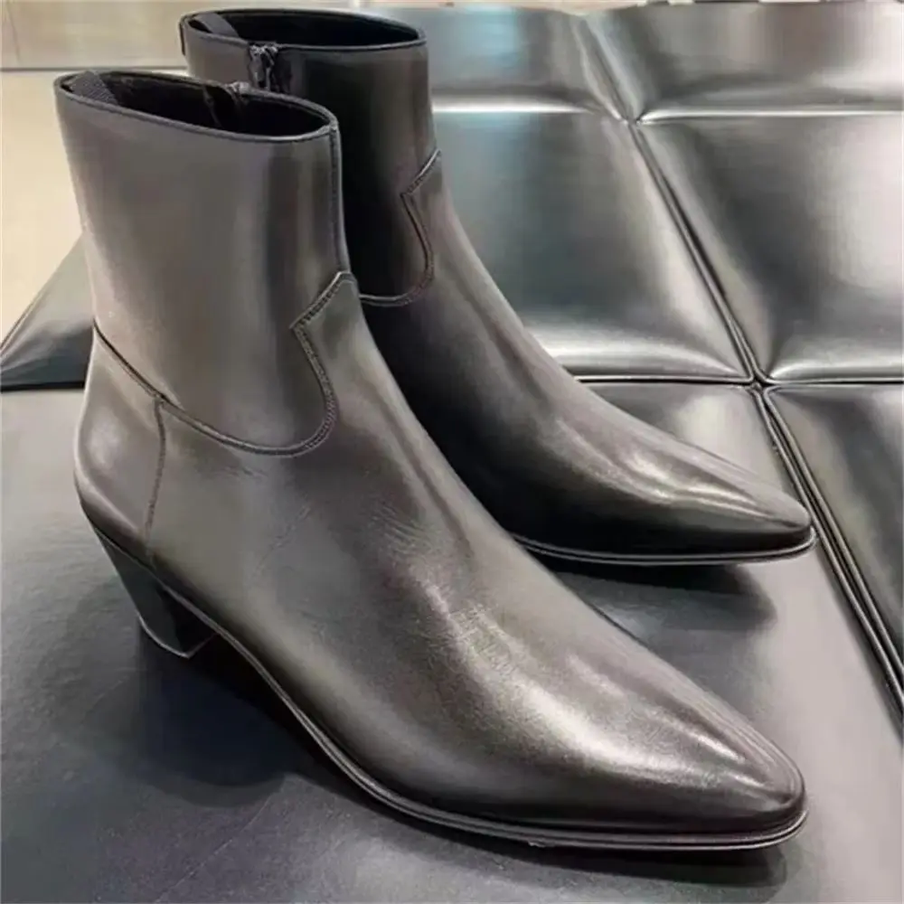 6cm Heel Dress Wedding Men Handmade Customize  Real Picture Cowhide Pionted Toe Slim FIT Wedge Denim Boots