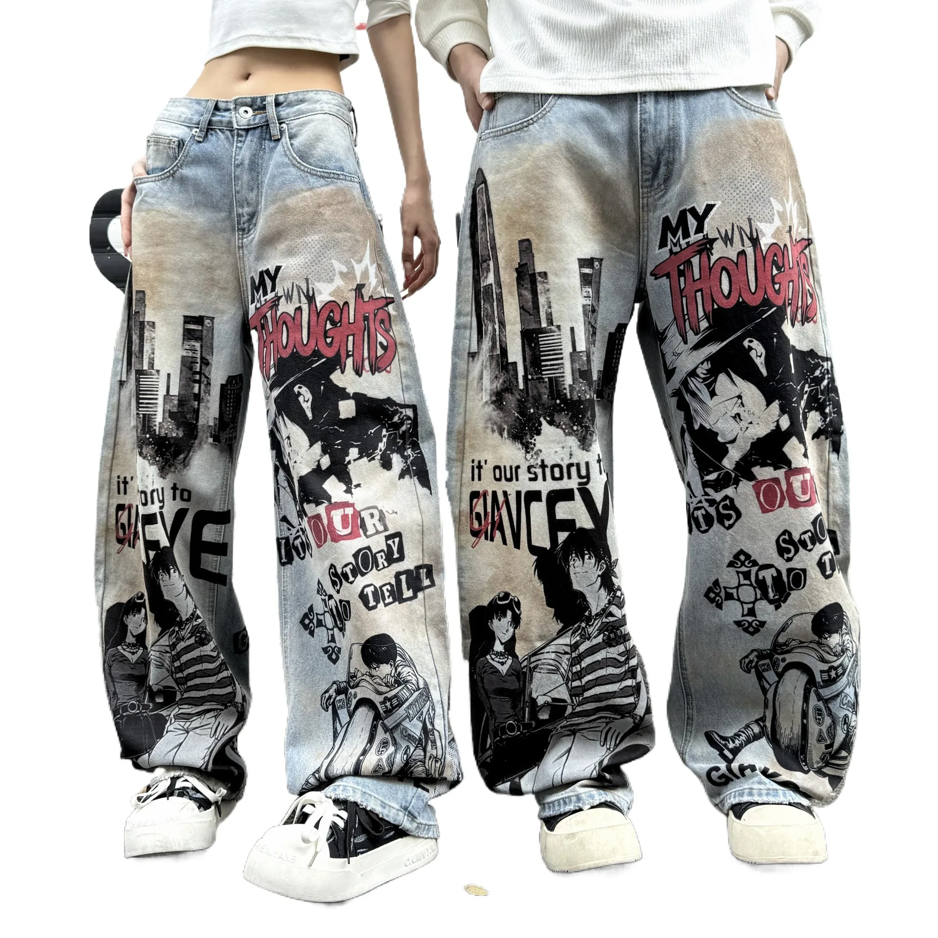 Fashion High Street Graffiti Jeans Pants Streetwear Loose Fit Vibe Style Hip Hop Denim Trousers Baggy Printed Y2K Jeans Painted