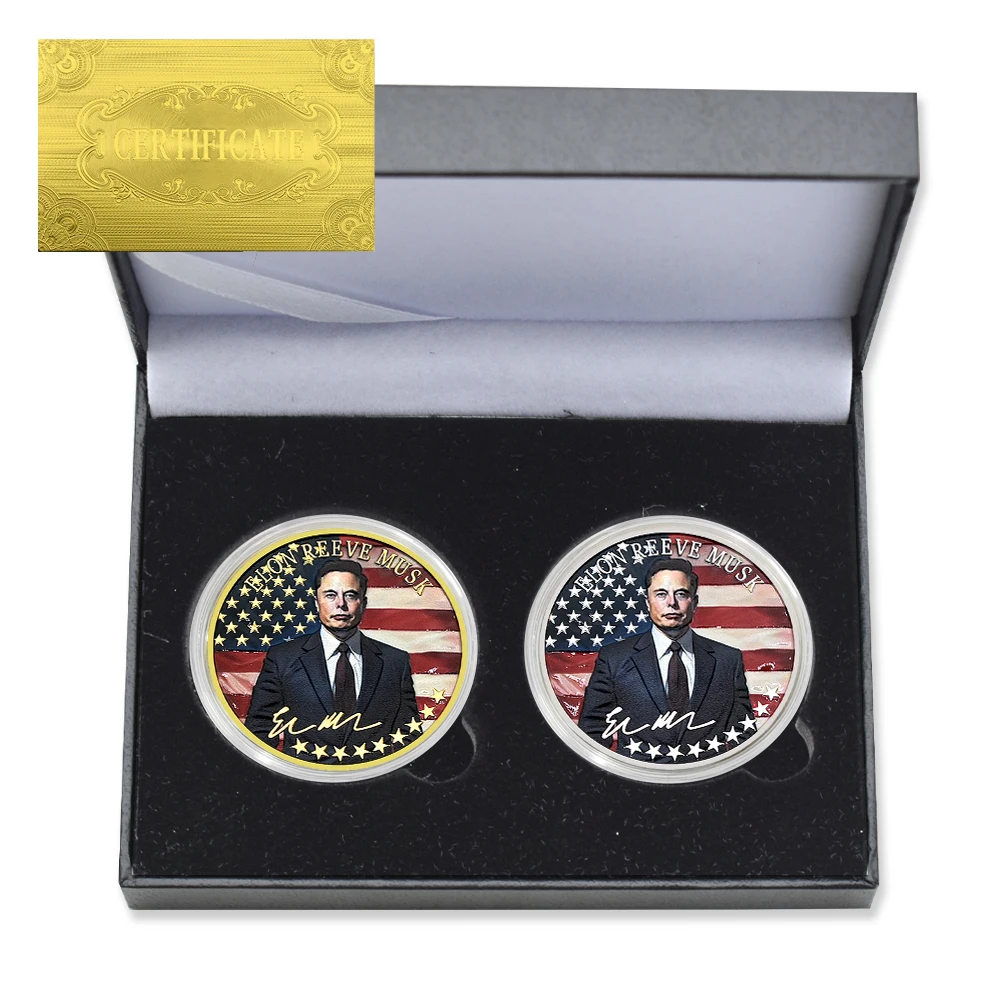 

2pc/box Elon Reeve Musk Commemorative Coin Metal Stereo Challenge Coin with Certificate and Gift Box Collectible Gifts