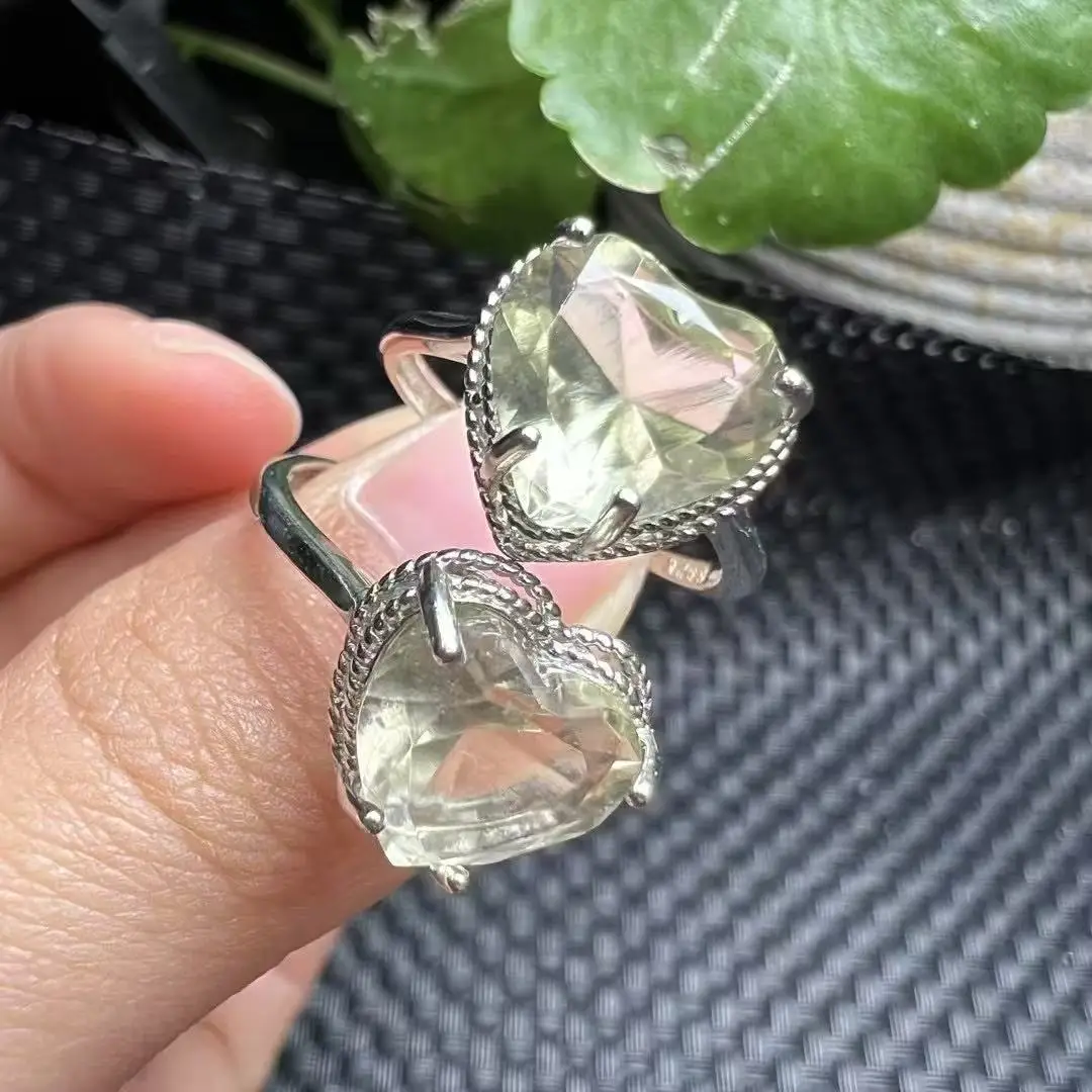 

Unit One Piece 925 Silver Inlay Natural Libya Quartz Crystal Heart Stone Finger-rings for Meditation