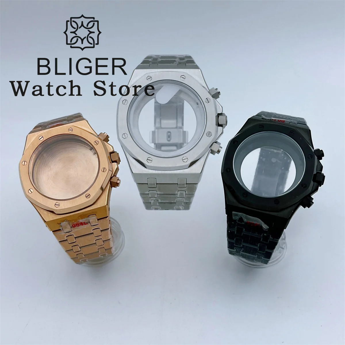 

Часы BLIGER 42 мм, серебристые, черные, розовые, золотистые часы, браслет из сапфирового стекла, подходит для кварцевых часов VK63/64 Movt, стерильный набор, винтовая Корона, запчасти для часов