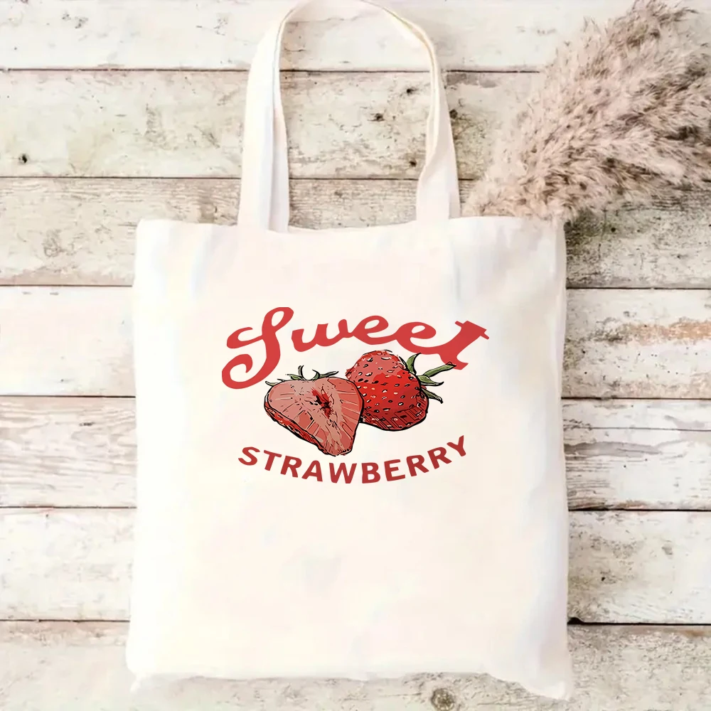 Sweet Strawberry Canvas Tote Bag Reusable Grocery Shoulder Bag