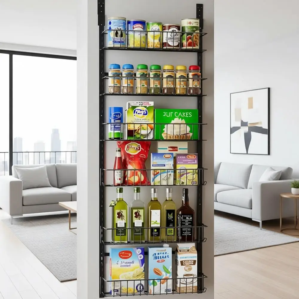 

6-ярусный металлический органайзер для хранения на двери, кухонная полка для специй, черный