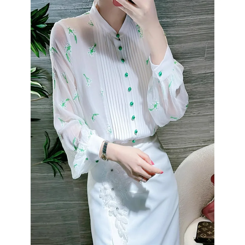 2023 New Summer Style Celebrity Exquisite Embroidered Organ Pleated Lantern Sleeves Solid Color Versatile Oversize Women's Shirt