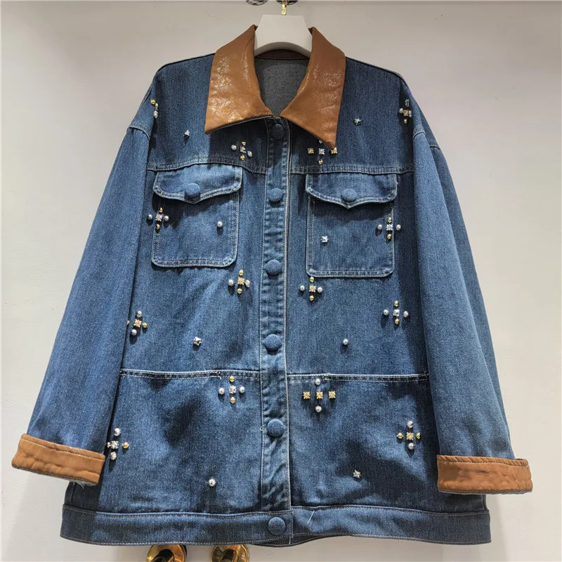 

SuperAen 2025 Autumn and Winter New Women Fashion Patchwork PU Leather Contrast Color Polo Collar Denim Beading Jackets