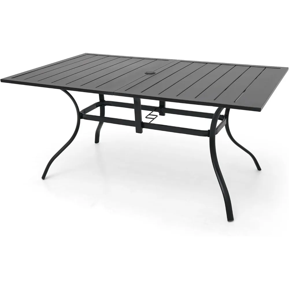 Outdoor Metal Frame Rectangle Patio Dining Table with Slat Top and Umbrella Hole 63