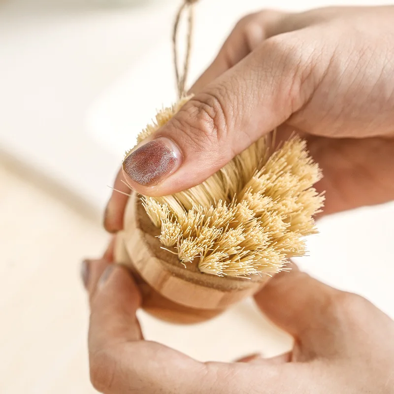 Bamboo Dish Scrub Brushes Kitchen Wooden Cleaning Scrubbers for Washing Cast Iron Pan/Pot Natural Sisal Bristles