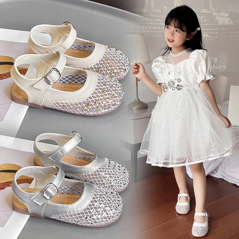 Toddler Girls Sparkly Sequins Sandals 2026 New Summer Kids Hollowed-out Mesh Beach Sandals Soft Sole Classic Trendy Party Shoes