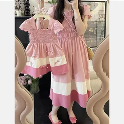 2024 Summer Mom and Daughter Matching Smock Dress for Women Clothing Holiday Mother Baby Girl Same Pink Smocked Dresses Korean