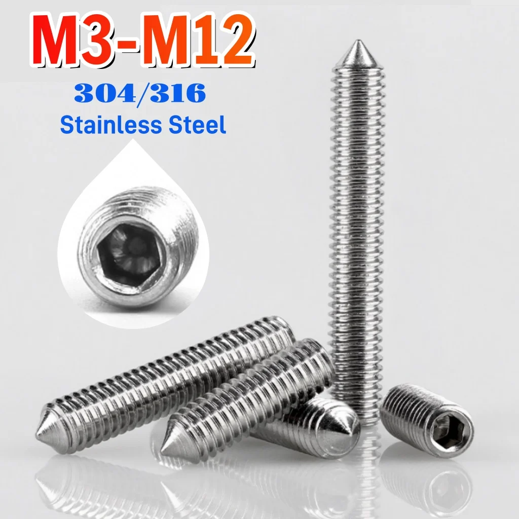 Beicai M3 M4 M5 M6 M8 M10 M12 Hex Hexagon Socket Cone Point Grub Screw SUS304/SUS316 Stainless Steel Headless Allen Set Screw
