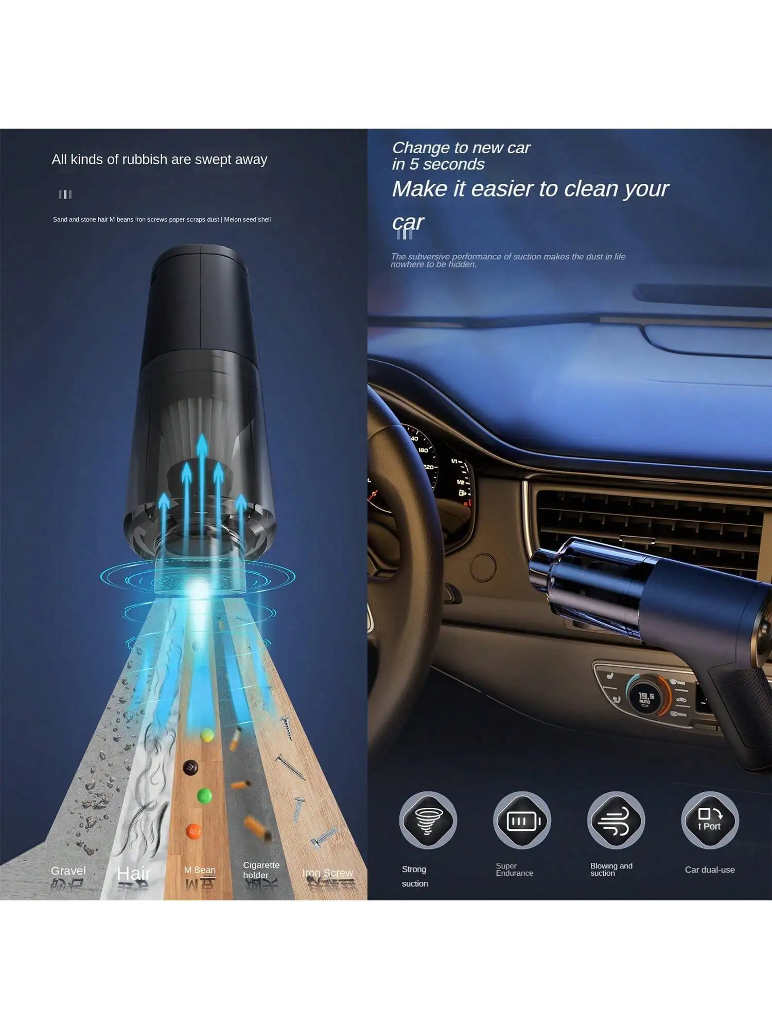 무선 차량용 진공 청소기 |   슈퍼 석션 4-in-1 브러시 헤드 |   가볍고 휴대 가능 |   세척 가능한 카트리지 진공 청소기