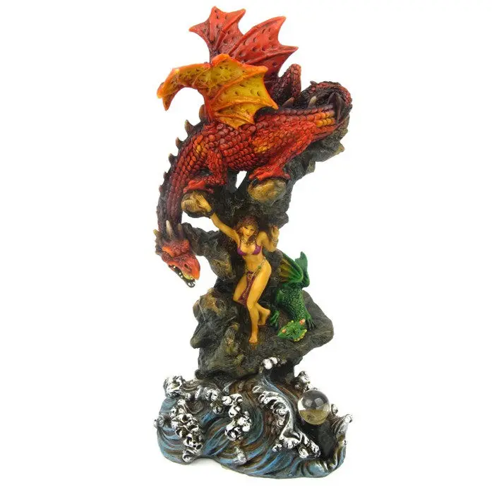 Red Dragon with Beauty Goddess Resin Figurine Fantasy Wave Rock Base Mythical Dragon Beauty Scene Desktop Ornament Home Decor