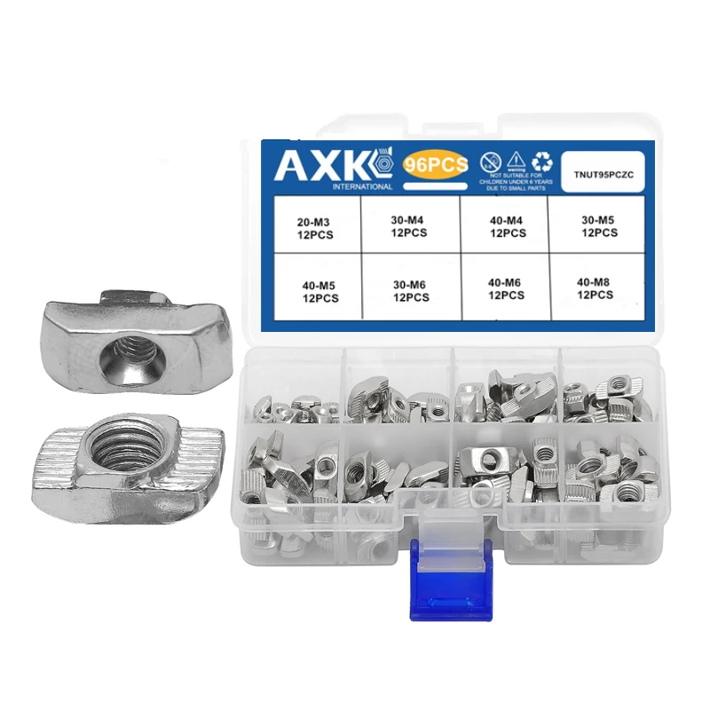 96pcs T nut Set M3 M4 M5 M6 M8 T-slot Nut Kit Hammer Head Sliding t-nut for 2020 3030 4040 Aluminum Profile Fasteners