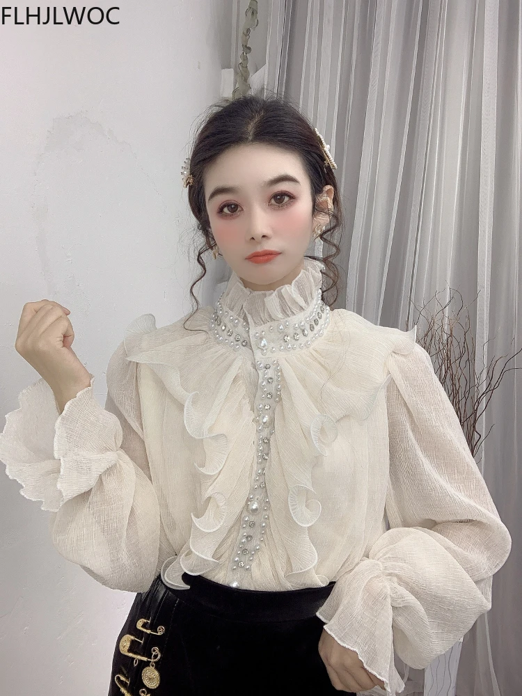 Turtleneck Basic Shirts Blouses Flare Sleeve Princess Bead Bling Elegant Office Lady Work Solid White Ruffled Chic Tops Blusas